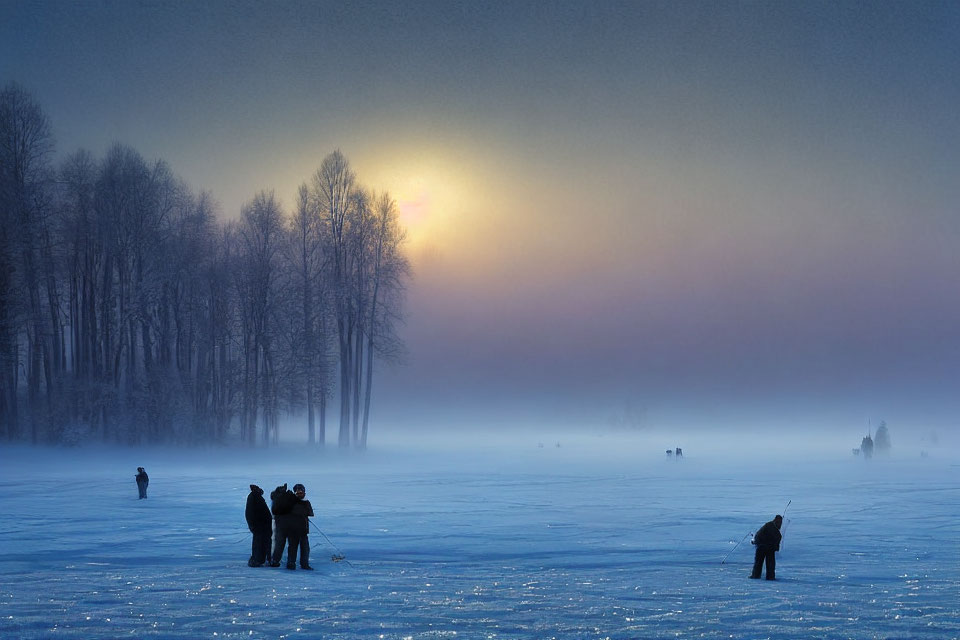 Gathering on misty, ice-covered landscape at sunrise