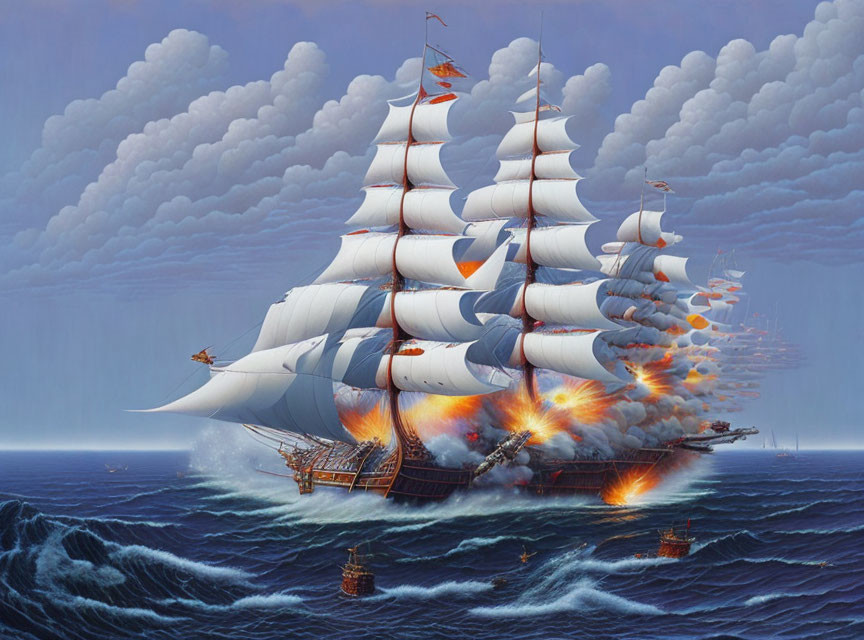 Large sailing ship in naval battle firing cannons with explosions at sea