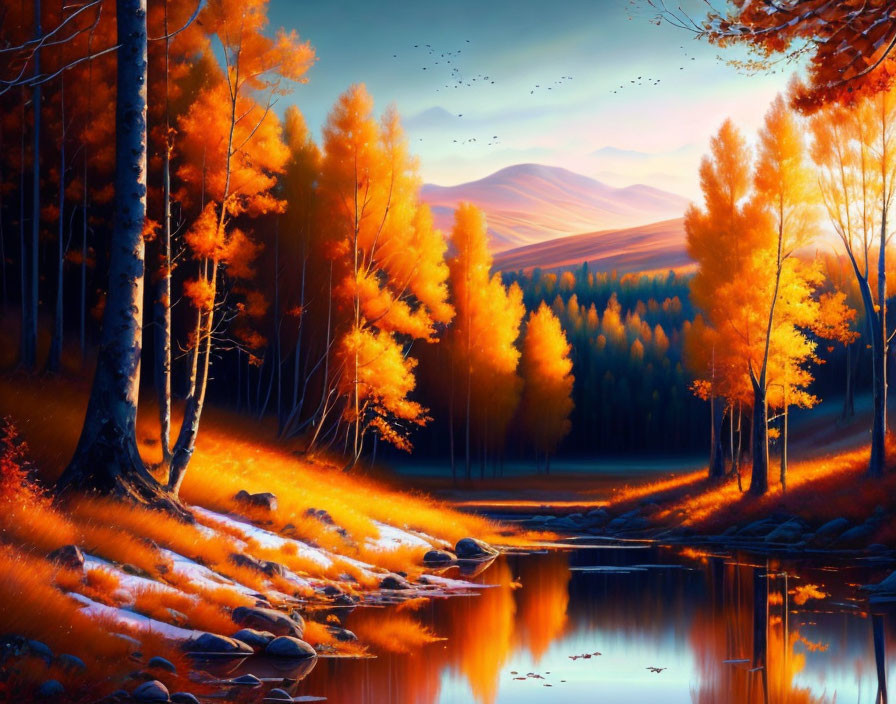 Tranquil autumn landscape with vibrant foliage, lake, birds, and hills