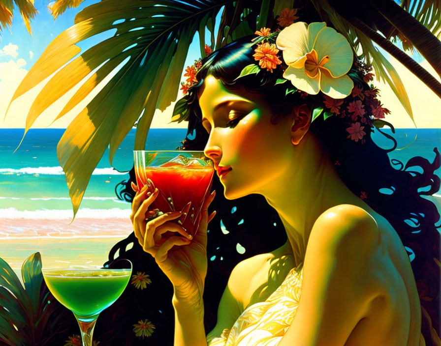 Woman enjoying drink in tropical beach setting with flowers and palm leaves.