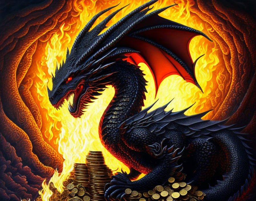 Black Dragon with Red Eyes on Gold Hoard Amid Roaring Flames