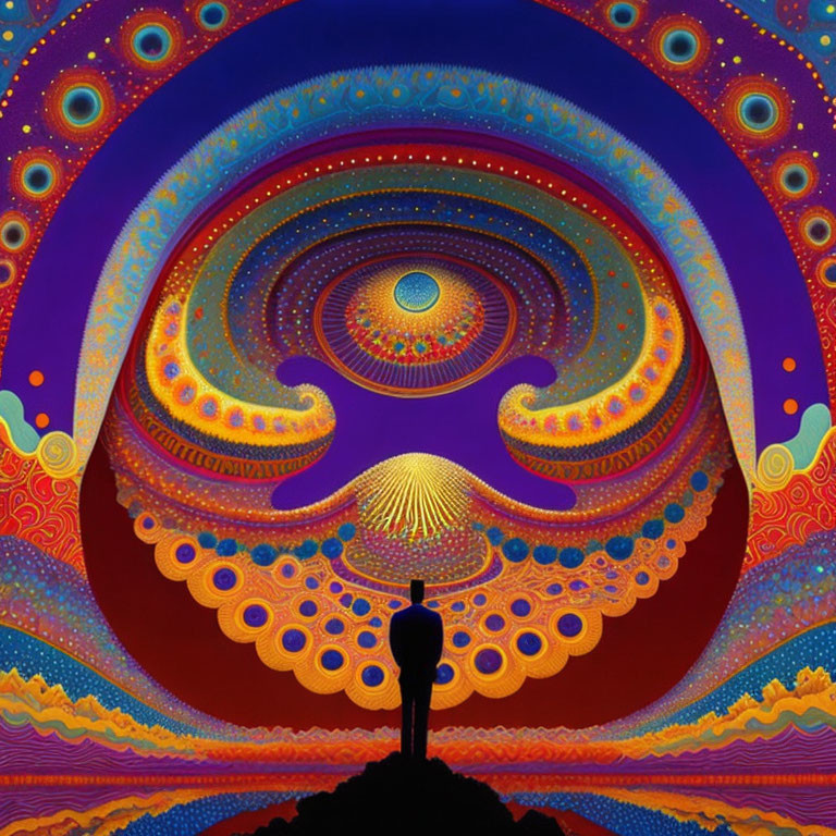 Person's silhouette against vibrant psychedelic swirls and cosmic backdrop