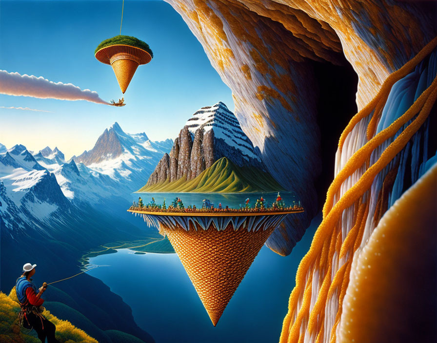 Surreal landscape with inverted mountain peak, climber, people, and hot air balloon