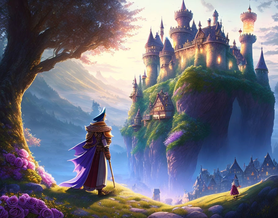 Wizard and castle on lush floating island at sunset with approaching figure.