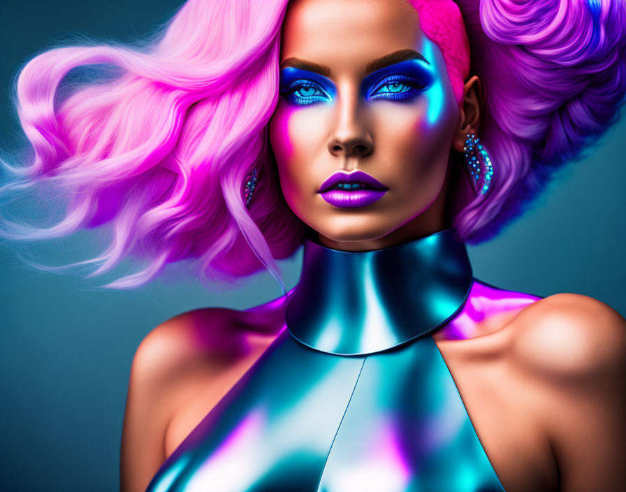 Colorful portrait of woman with pink hair, blue makeup, metallic choker, and purple lipstick on