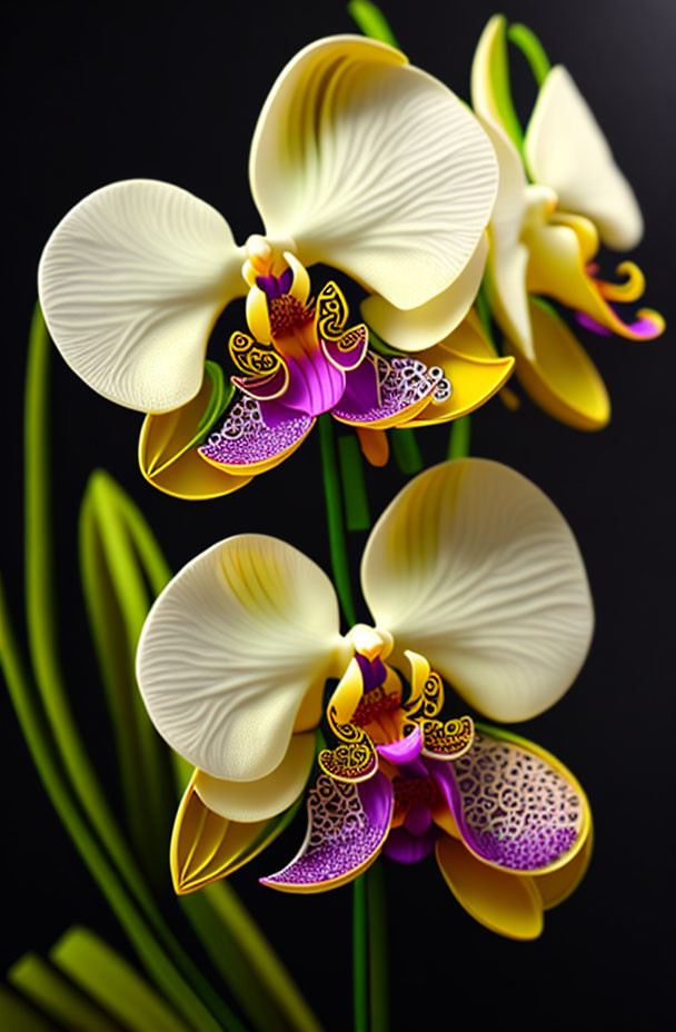 Vibrant Yellow and Purple Orchids on Dark Background with Green Leaves