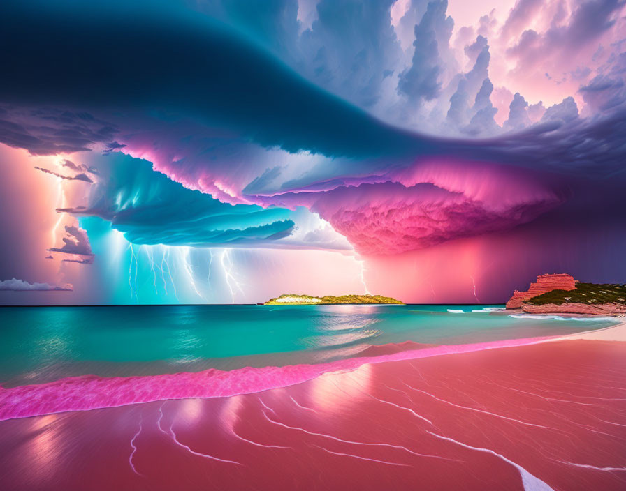 Colorful surreal landscape with swirling storm clouds above turquoise sea