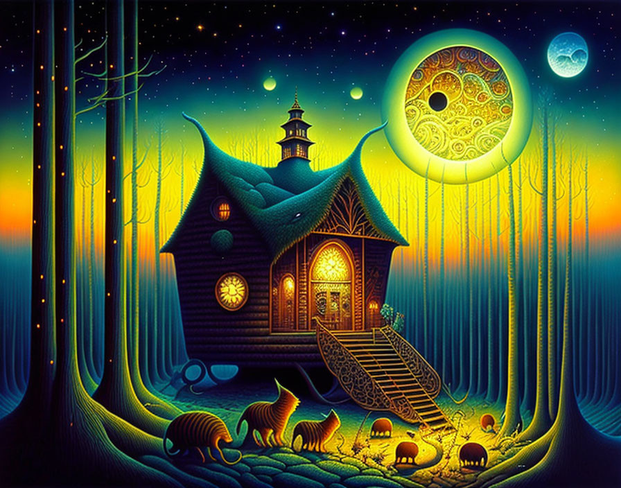 Enchanting cottage in surreal forest with glowing moons, radiant stars, whimsical creatures