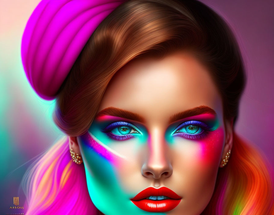 Colorful digital portrait of a woman with neon makeup in pink and blue hues