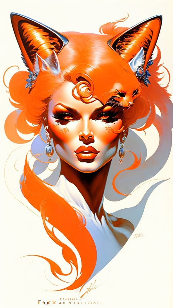 Anthropomorphic female fox with vibrant orange hair and elaborate makeup.