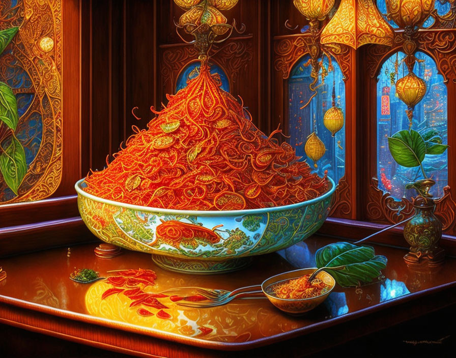 Colorful illustration: Large bowl with red pasta, ornate lanterns, wooden table