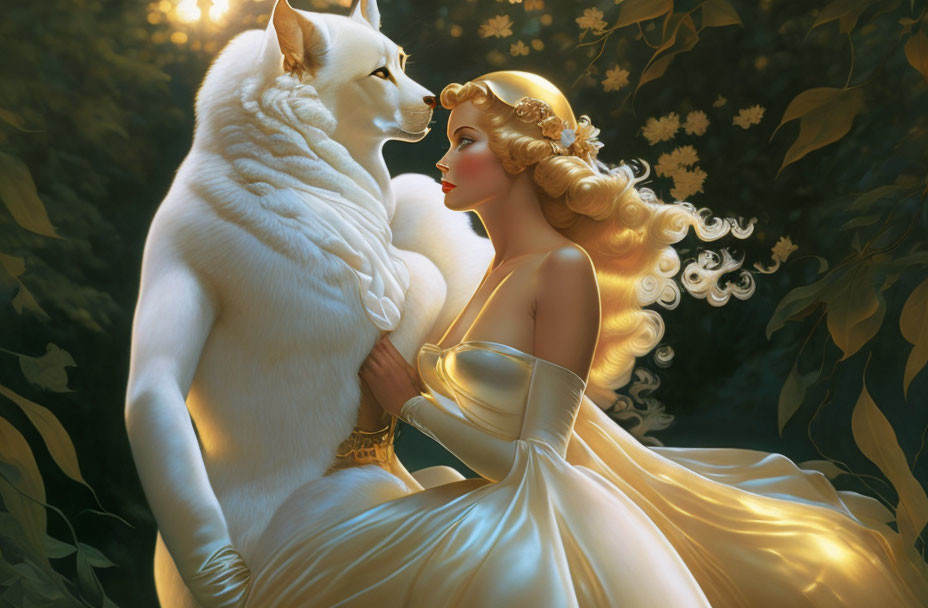 Woman in flowing dress with white wolf in sunlit forest clearing