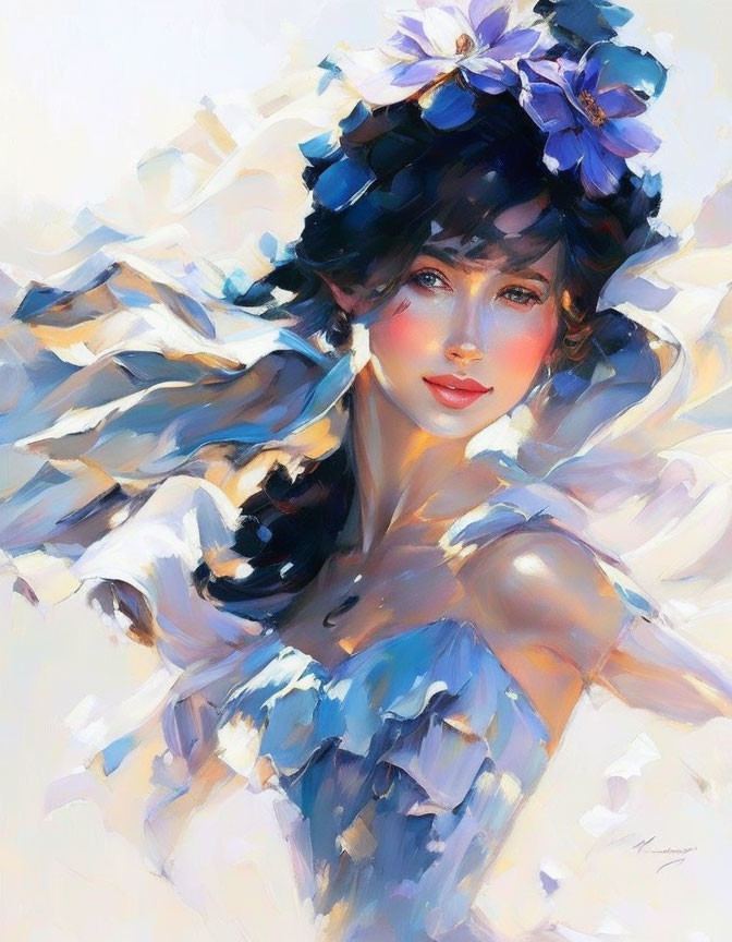 Woman portrait with flowing hair and blue flowers in impressionistic style