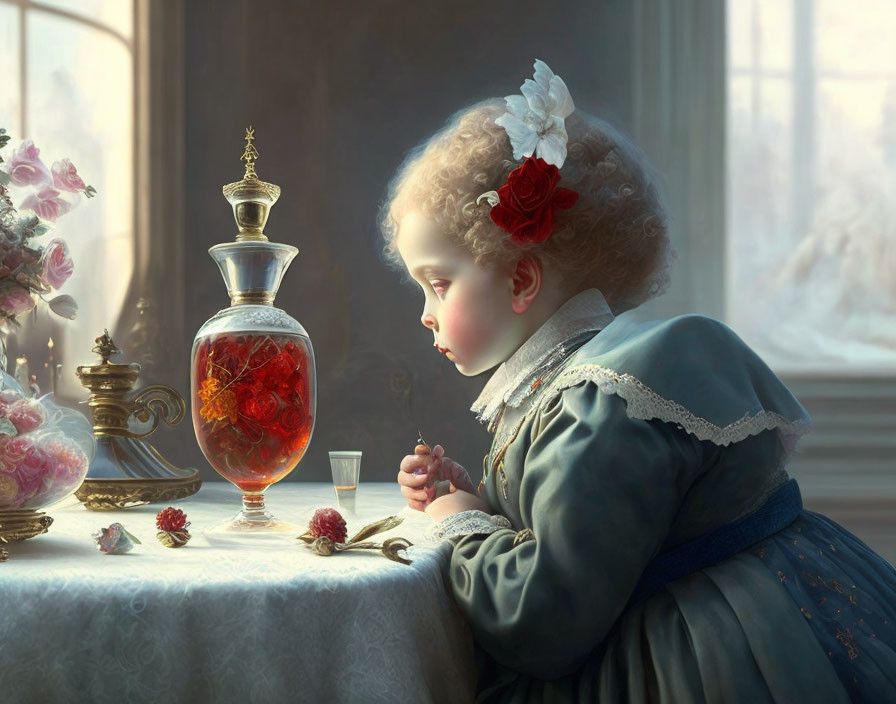 Child in vintage attire gazes at glass vase with red petals on sunlit table