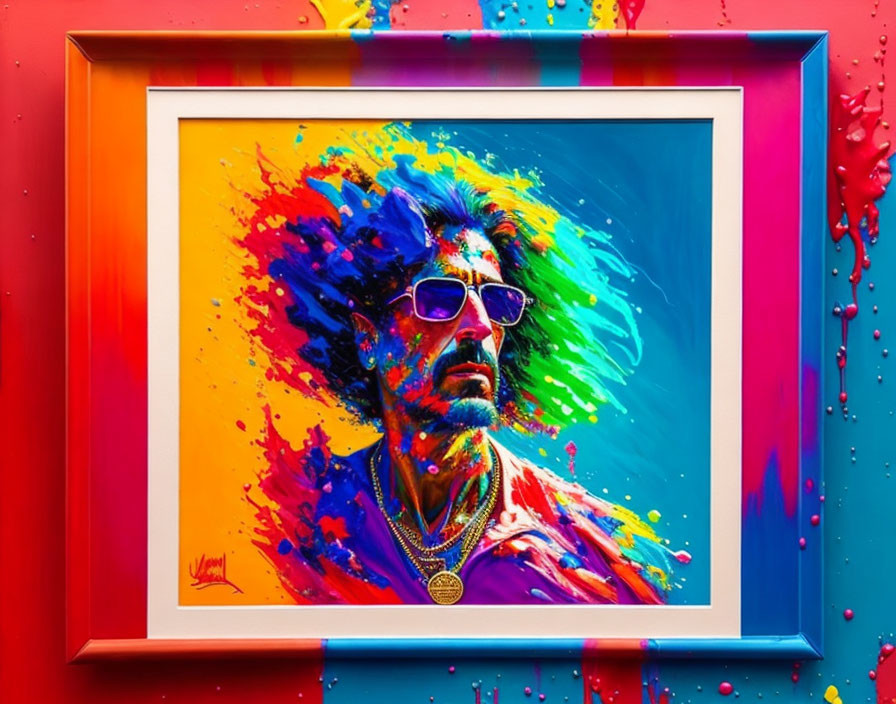 Colorful portrait of a man with sunglasses and beard in multicolored frame.