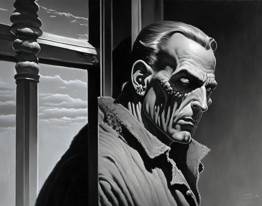 Monochrome illustration of stern-faced man gazing out window