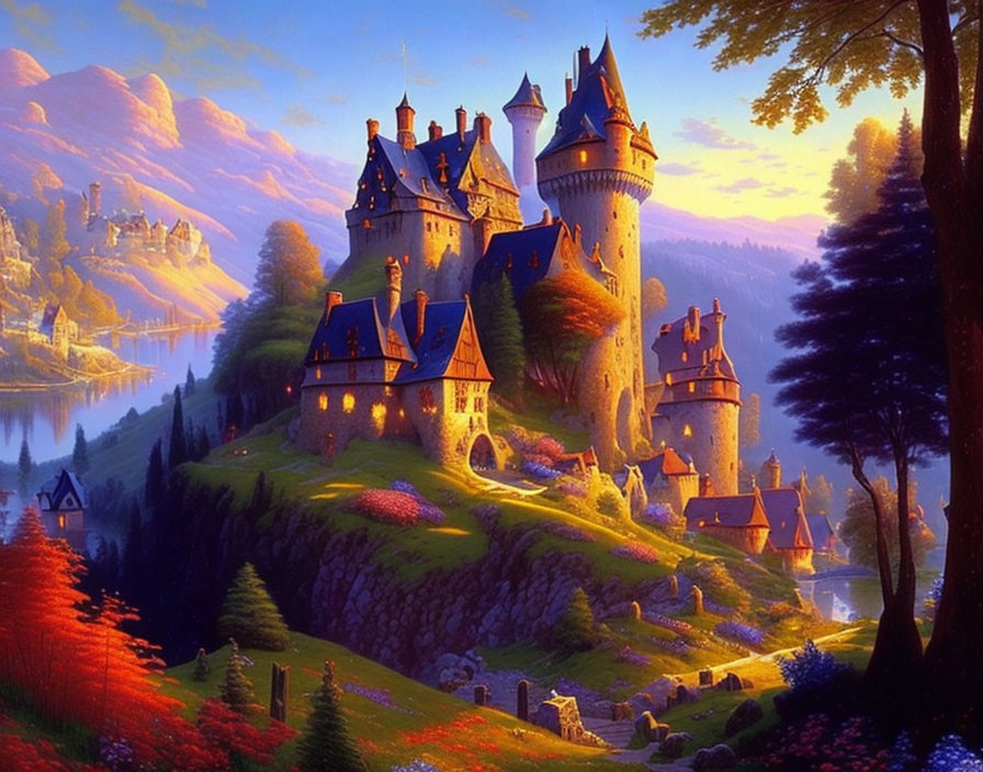 Enchanted castle in sunset light with forest and lake scenery