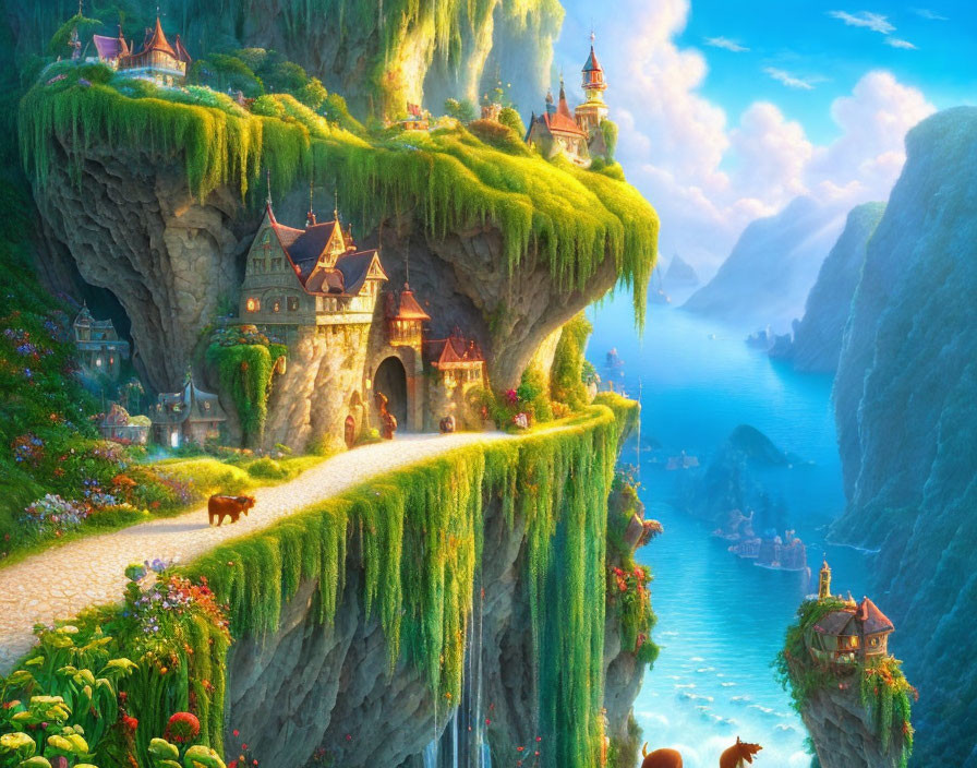 Fantasy landscape with cliffside village, waterfalls, flora, and path to sea