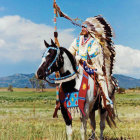 Military officer on horseback holding flag in scenic landscape.