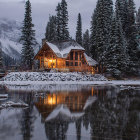 Snowy cabin scene with festive lights and falling snowflakes