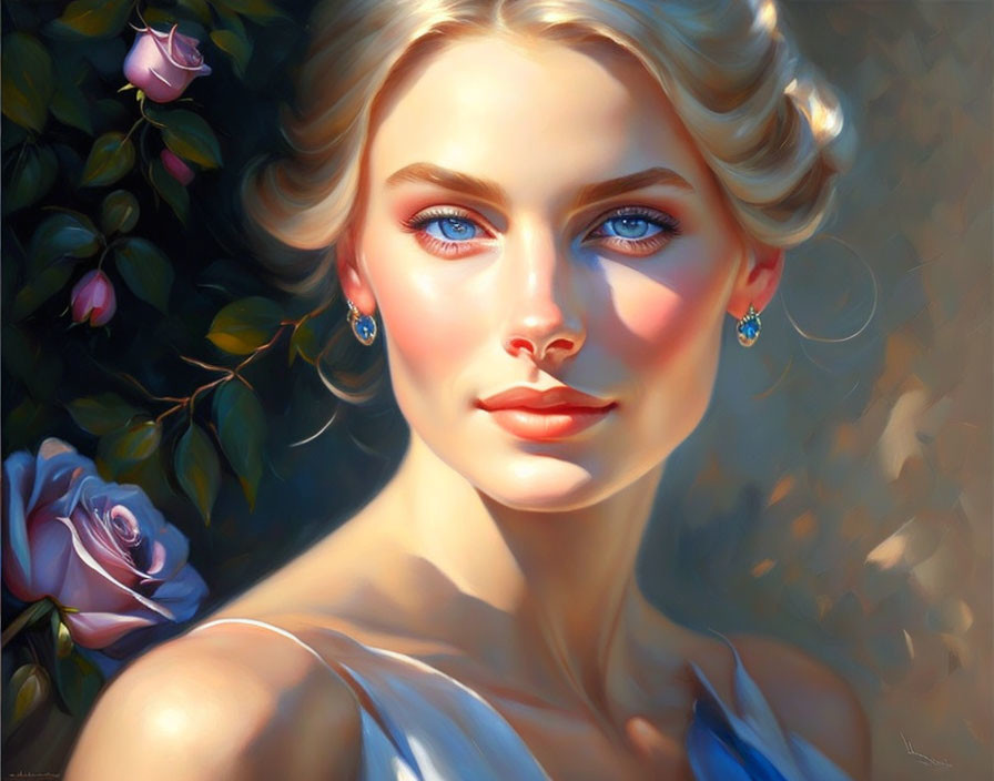 Digital Artwork: Woman with Blue Eyes and Blonde Hair Surrounded by Roses