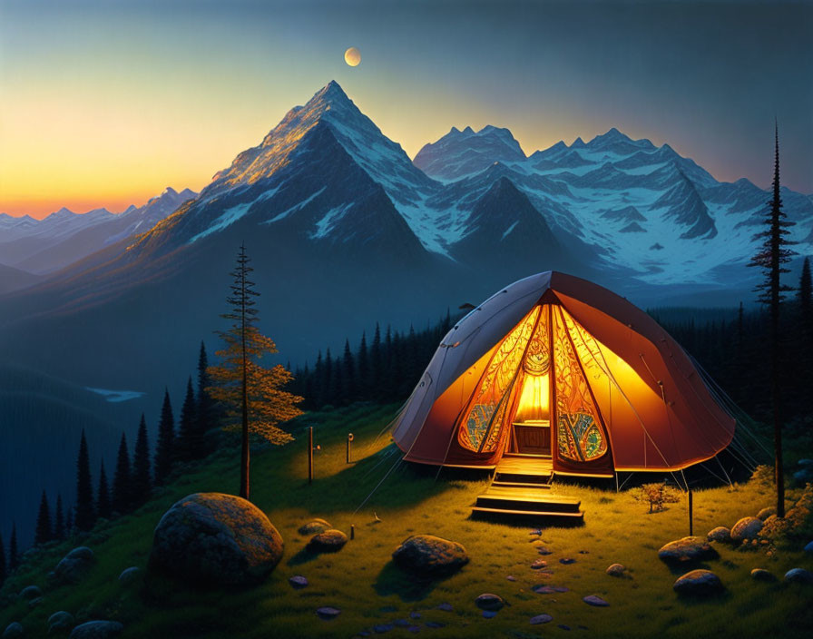 Illuminated tent with intricate designs in mountain sunset scene