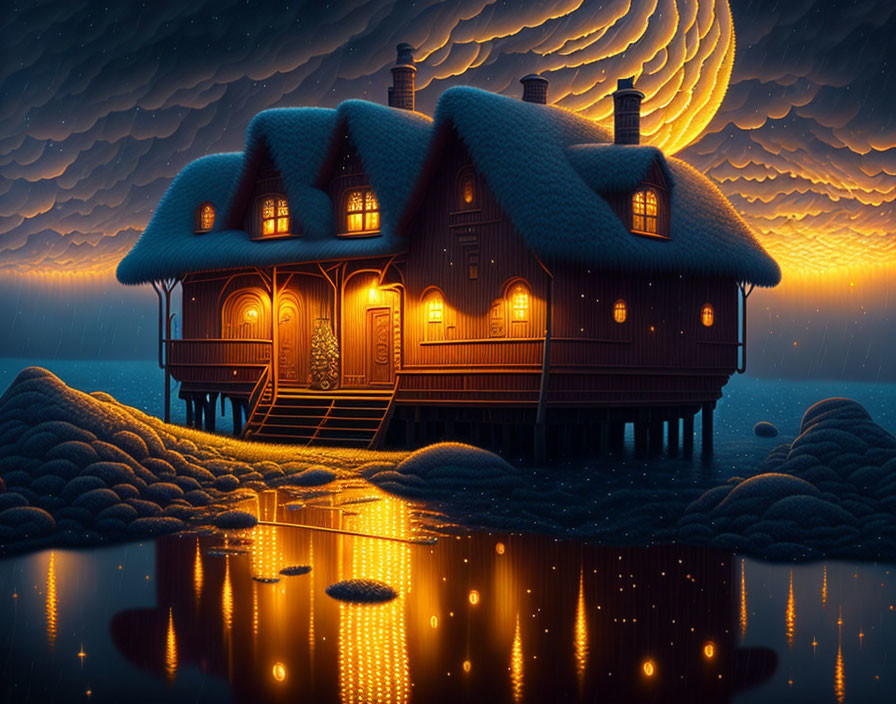 Illustrated cozy house on stilts over water at sunset