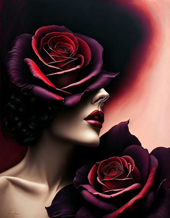 Stylized portrait of a woman with rose eyes and dark features