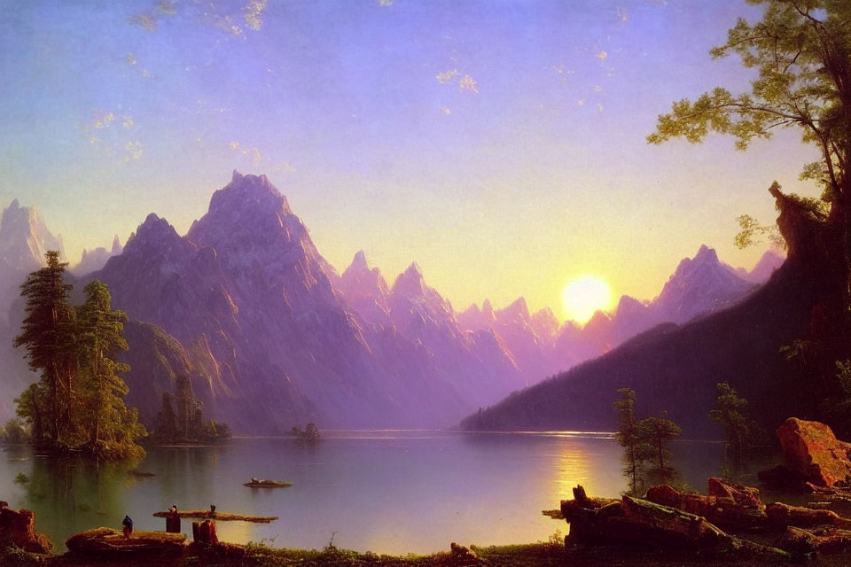 Tranquil lake landscape with rowboat, mountains, sunrise, and figure