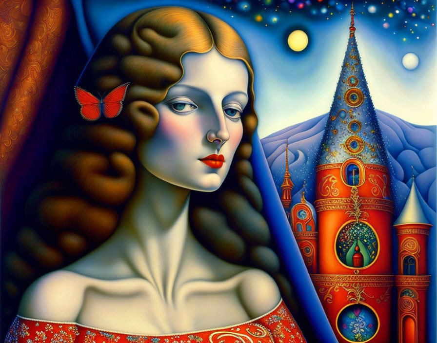 Surrealist painting of woman with flowing hair and butterfly in front of fantastical castle