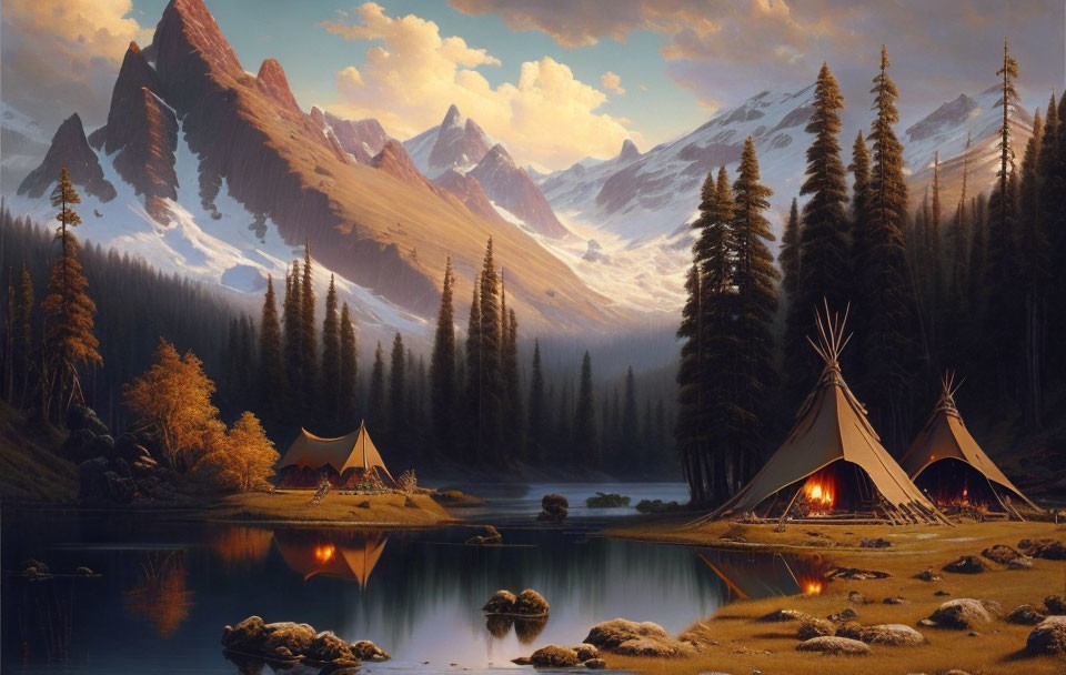 Mountainous landscape with teepees by a reflective lake at sunset