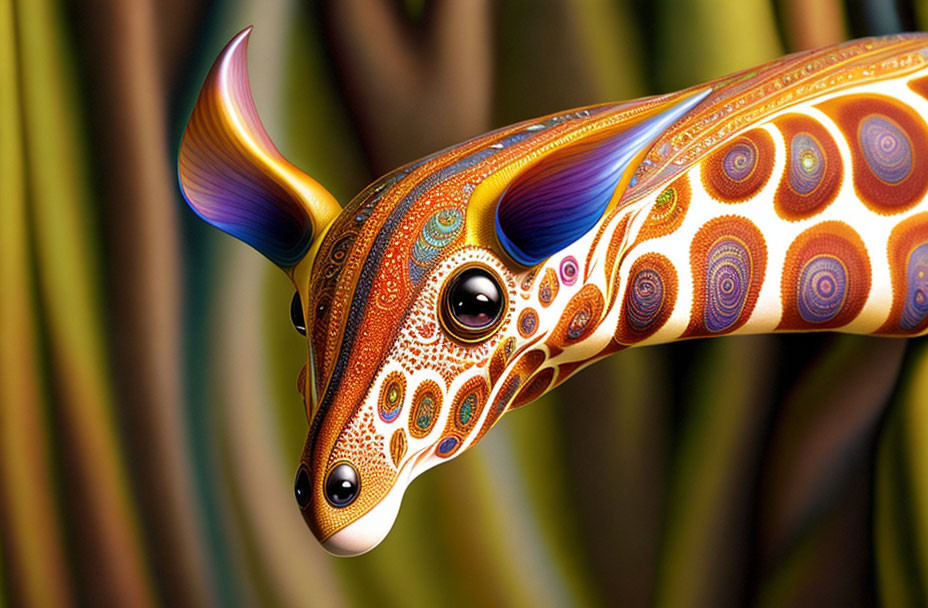 Colorful patterned whimsical creature resembling a hammerhead shark on blurred green background