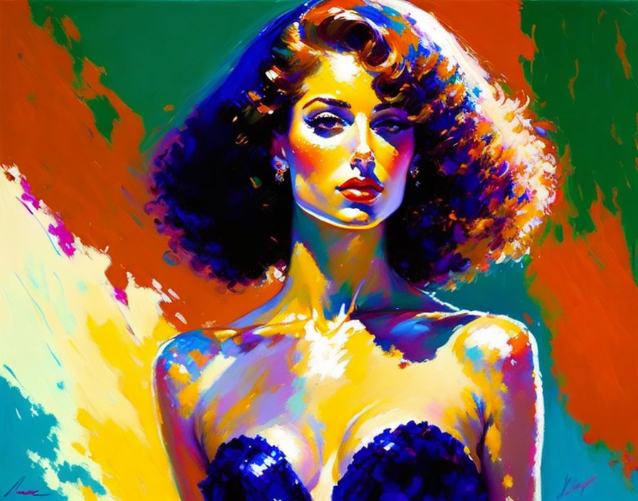 Colorful portrait of woman with curly hair on multicolored backdrop