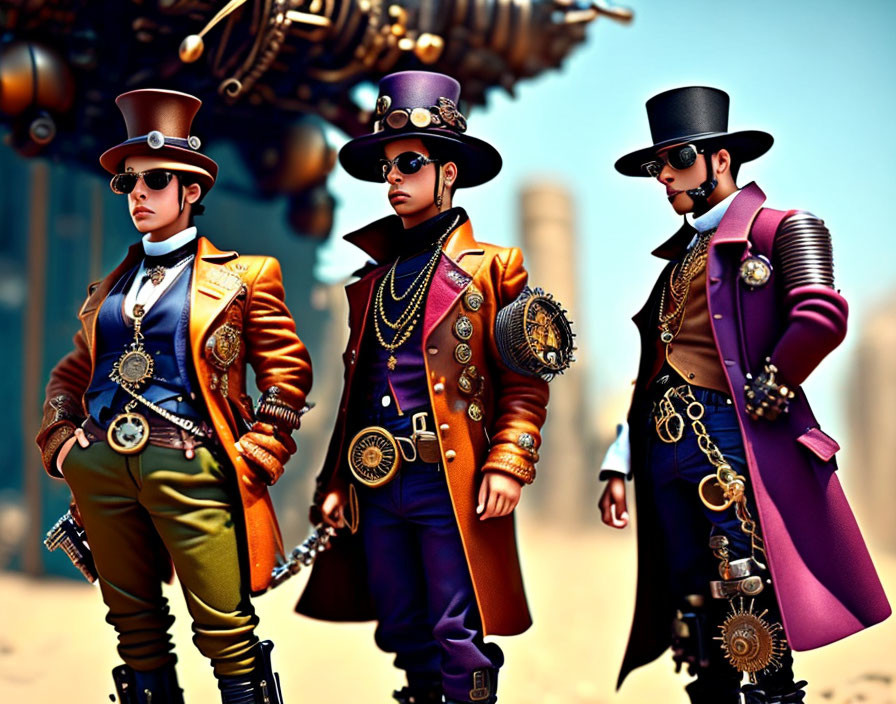 Elaborate Steampunk Attire Figures with Top Hats and Goggles