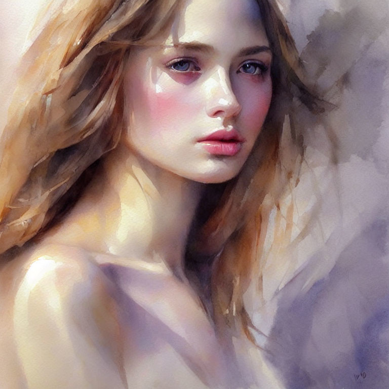 Melancholic young woman portrait with tear in watercolor