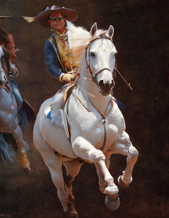 Traditional equestrian rider in wide-brimmed hat on galloping white horse.