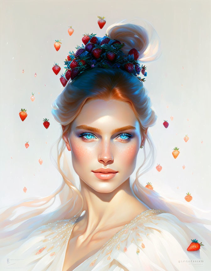 Digital painting of woman with berry crown and floating strawberries