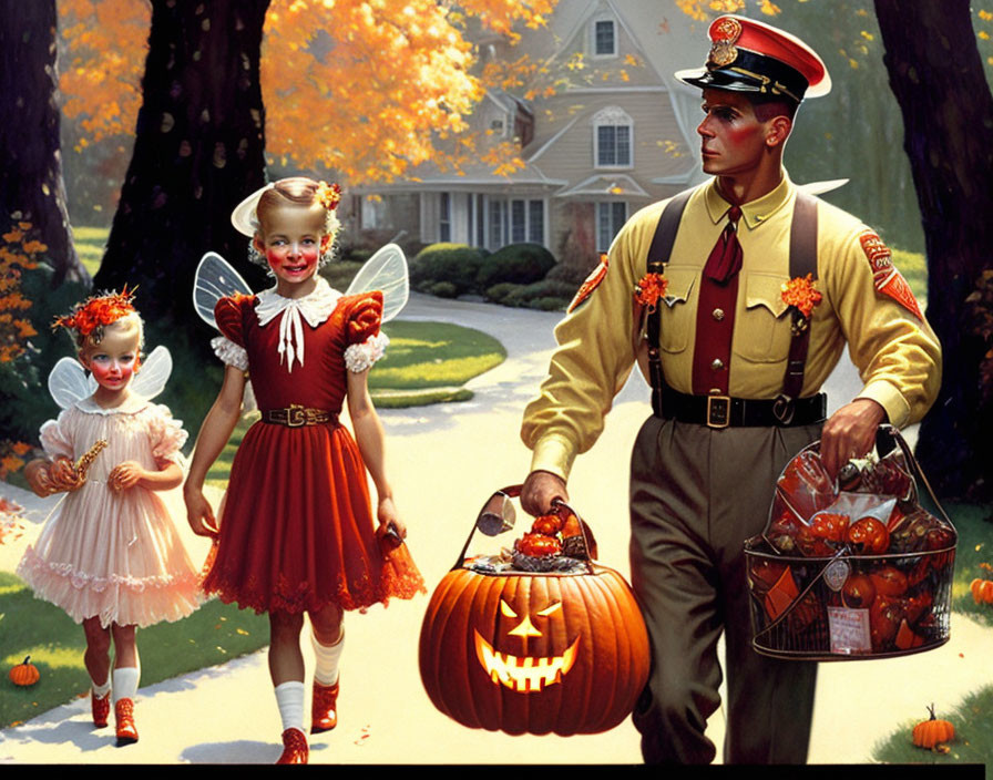 Marine in uniform with girls in fairy costumes on suburban street