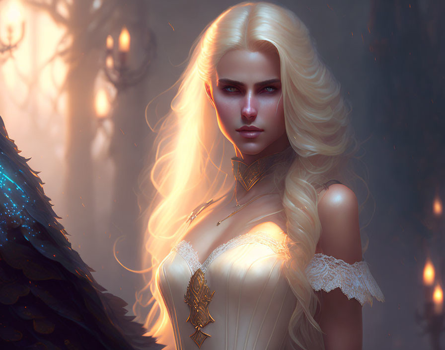 Blonde-haired woman in mystical attire against enchanted forest backdrop