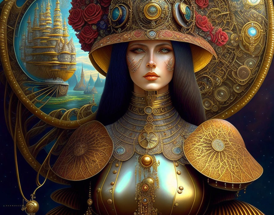 Fantasy artwork: Woman in golden armor with celestial halo and magical cityscape.