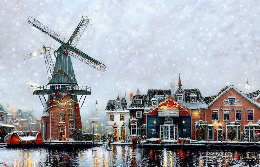 Snow-covered winter village with windmill and canal