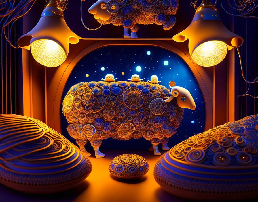 Ornate sheep digital art with glowing lamps on night sky backdrop