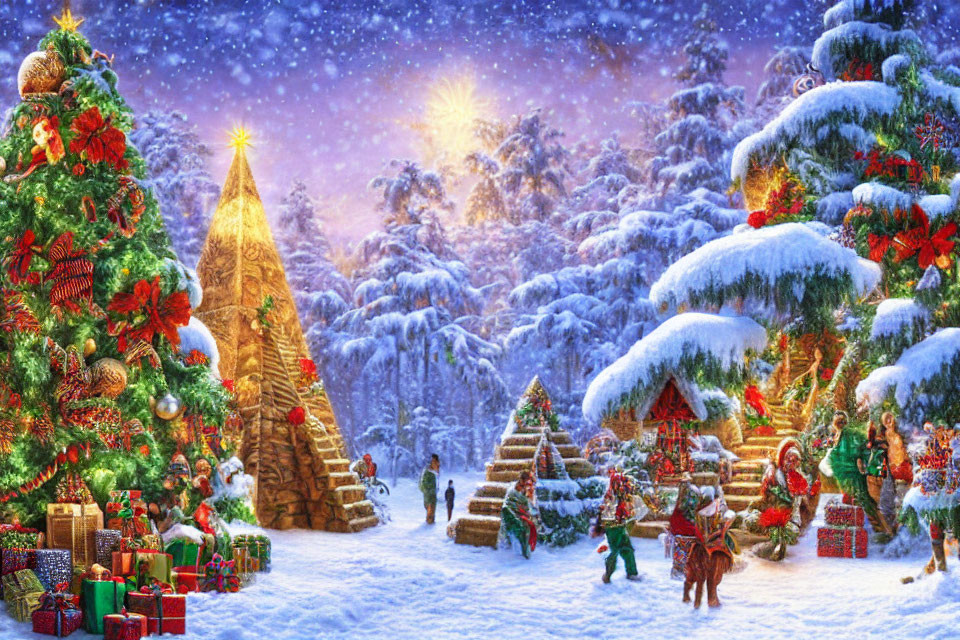 Festive Christmas scene with decorated trees, gifts, and snowy landscape