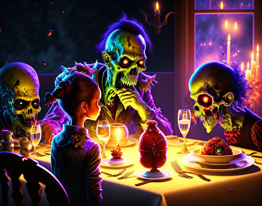 Colorful Illustration: Girl with Undead Figures at Dinner Table