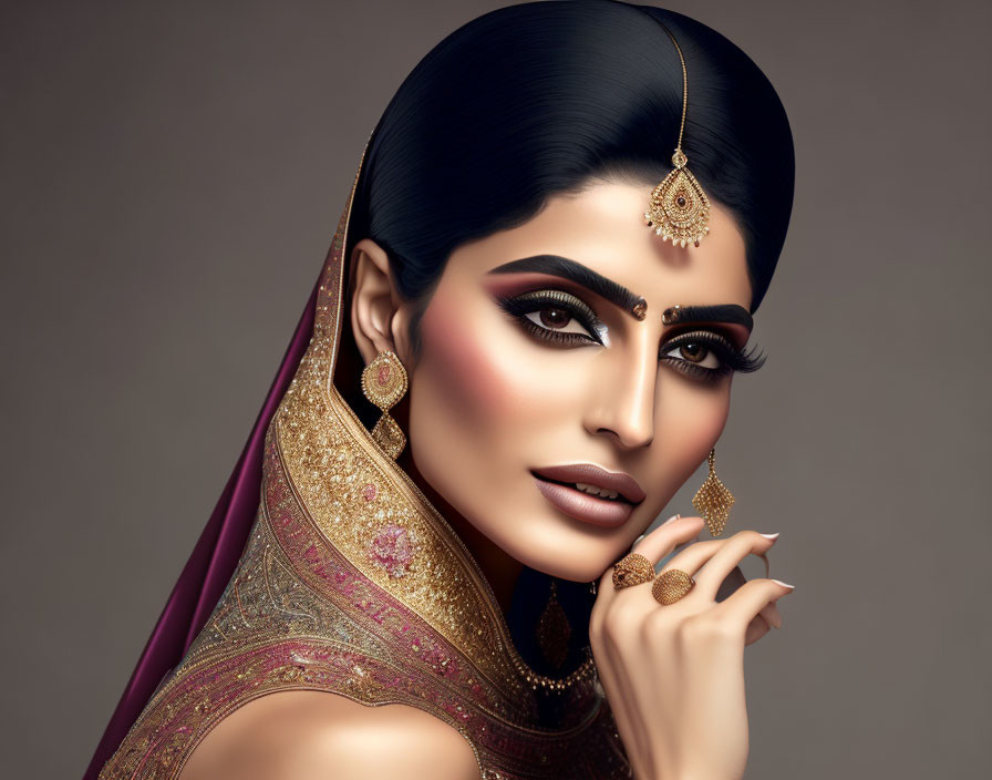 Traditional Indian jewelry and elaborate makeup on woman in pink and gold saree