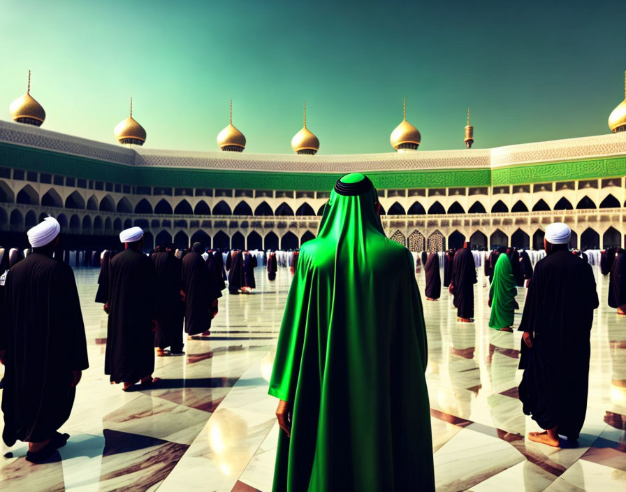 Traditional Islamic Attire Group in Grand Mosque Courtyard