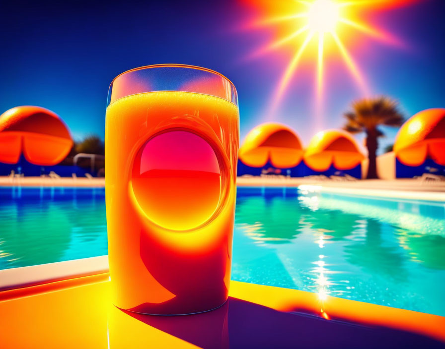 Refreshing orange juice by pool with palm trees