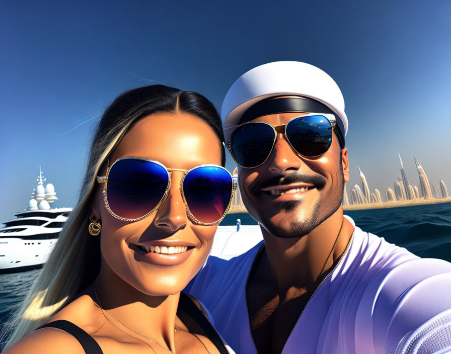 Smiling man and woman in sunglasses with yacht and waterfront buildings