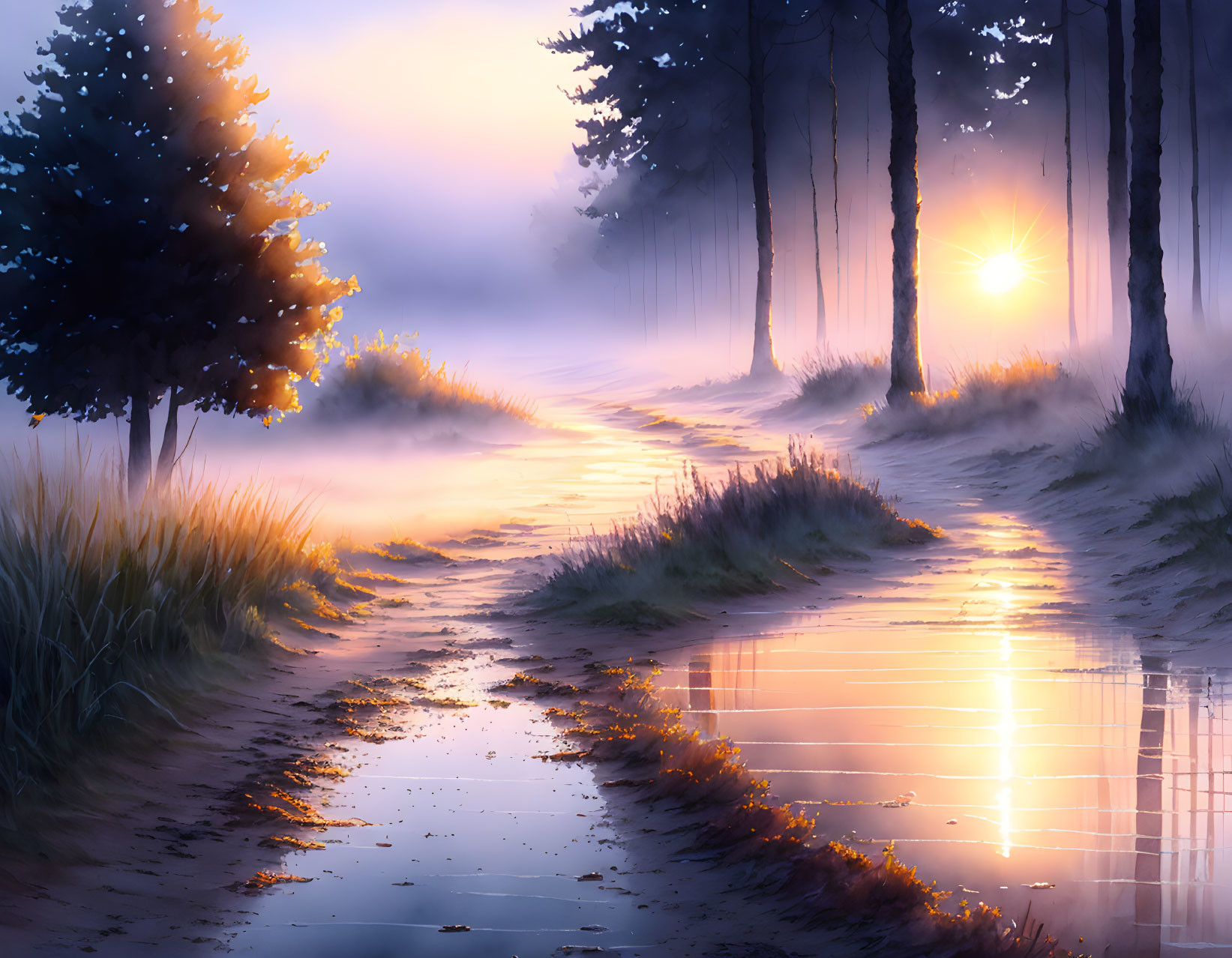 Tranquil forest path at sunrise: mist, reflections, warm sun glow