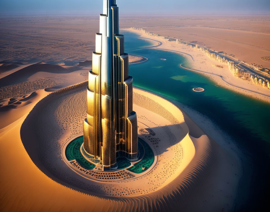 Desert skyscraper with dunes and water body at sunset